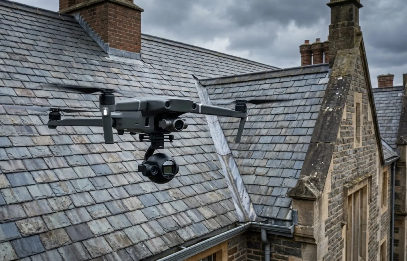 A grey folding survey drone carrying a dual visual and thermal gimbal camera, hovering beside a slate roof valley