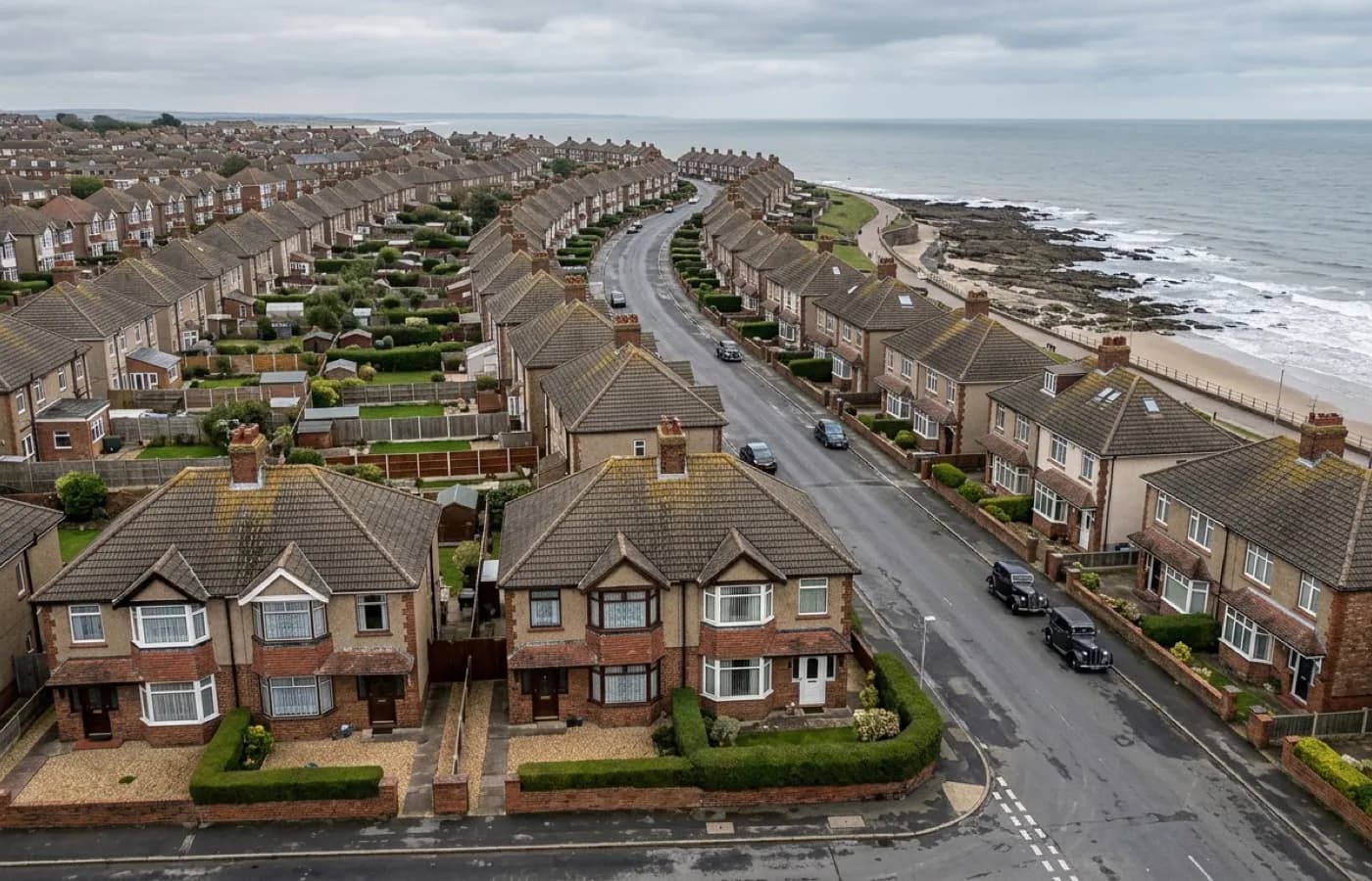 Inter-war and Edwardian seaside semis with shallow-pitched concrete tile roofs and bay window canopies