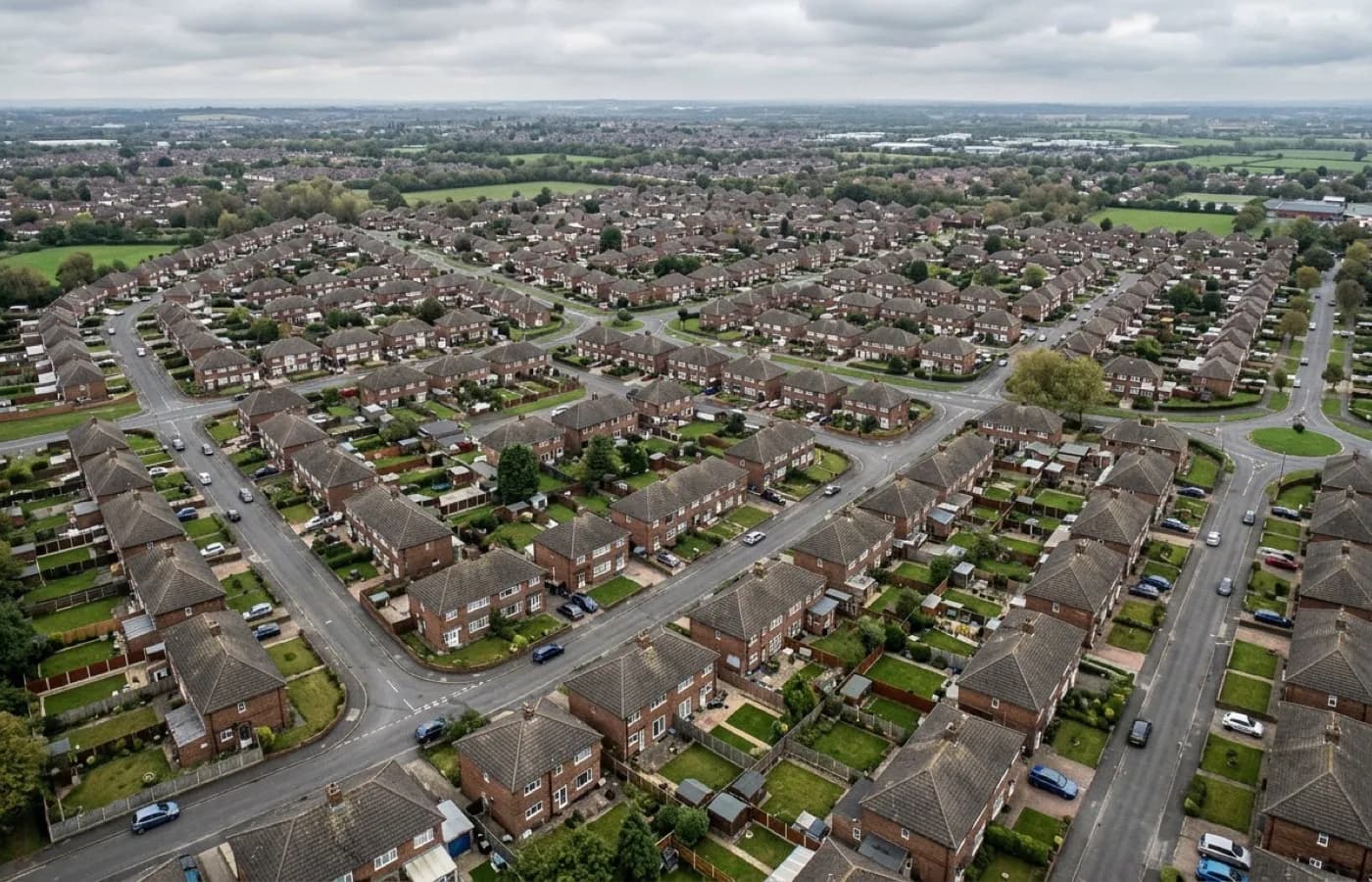 A post-war housing estate with concrete interlocking tile roofs on regular semi-detached plots